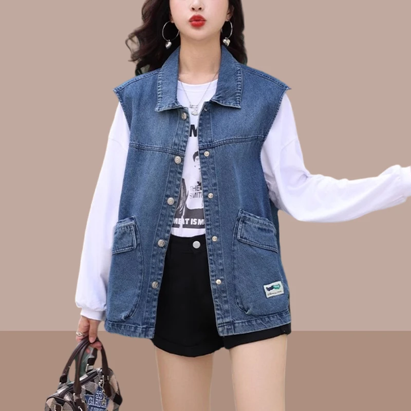 春秋新款时尚翻领牛仔外套外穿女士休闲百搭薄款马夹洋气显瘦女装