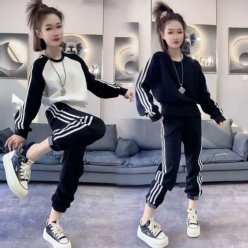2025春秋新款卫衣休闲运动服套装女士洋气爆款时尚女装条纹两件套