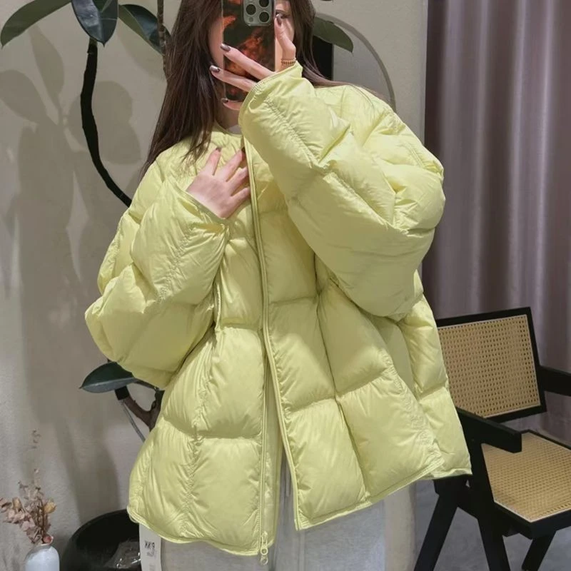 2025秋冬季新款洋气纯色高级感圆领棉服女士时尚加厚保暖棉衣外套