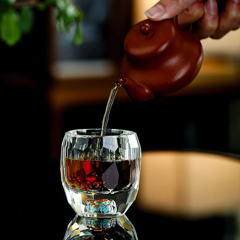 金箔品茗杯主人杯水晶茶杯玻璃茶杯创意轻奢星芒杯家用绿松石