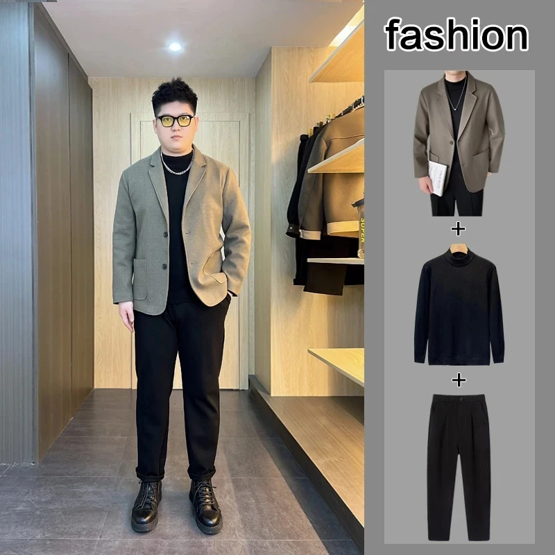 【三件套】秋冬新款韩版大码加厚毛呢西服男士商务休闲百搭小西装