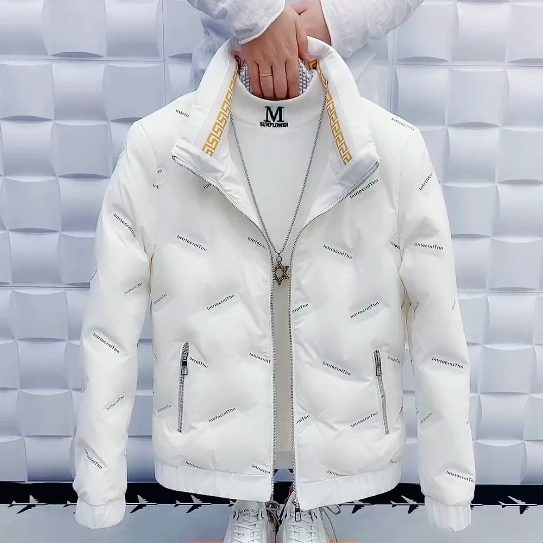 冬季加厚服男士轻薄韩版字母立领外套男短款修身保暖亮面网红棉衣