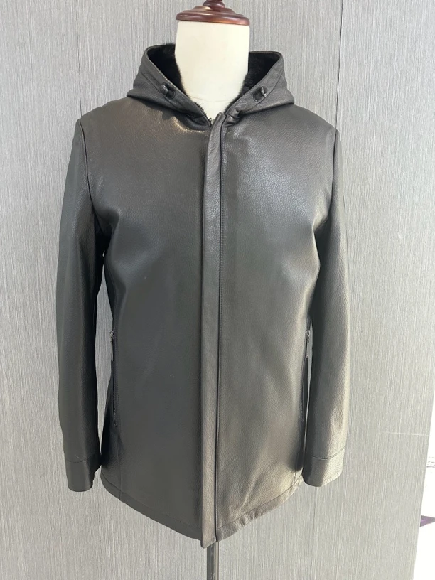 男士山羊皮皮衣连帽休闲外套春秋季中长款真皮风衣