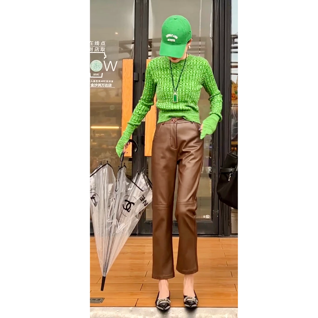 2024秋季新款休闲显瘦修容笔九分烟管皮裤PK0901