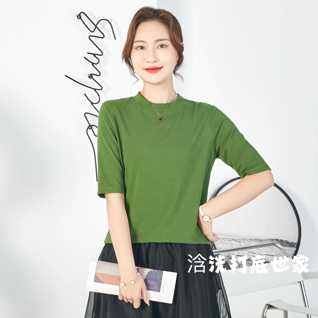 2024高品质弹力棉五分袖立领纯色百搭气质时尚女装短袖T恤8021