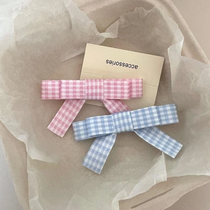 少女甜美法式清新复古格子学院蝴蝶结发夹侧边粉白格纹发饰感边