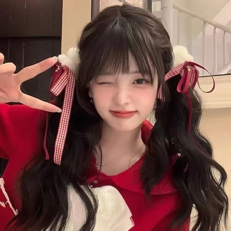 甜美毛绒圈格纹长飘带头绳圣诞铃铛发圈少女丸子头发饰皮筋头饰品