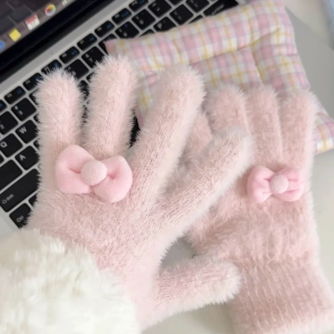 新款公主风蝴蝶结手套冬季甜美少女五指可爱加厚保暖毛绒学生骑车