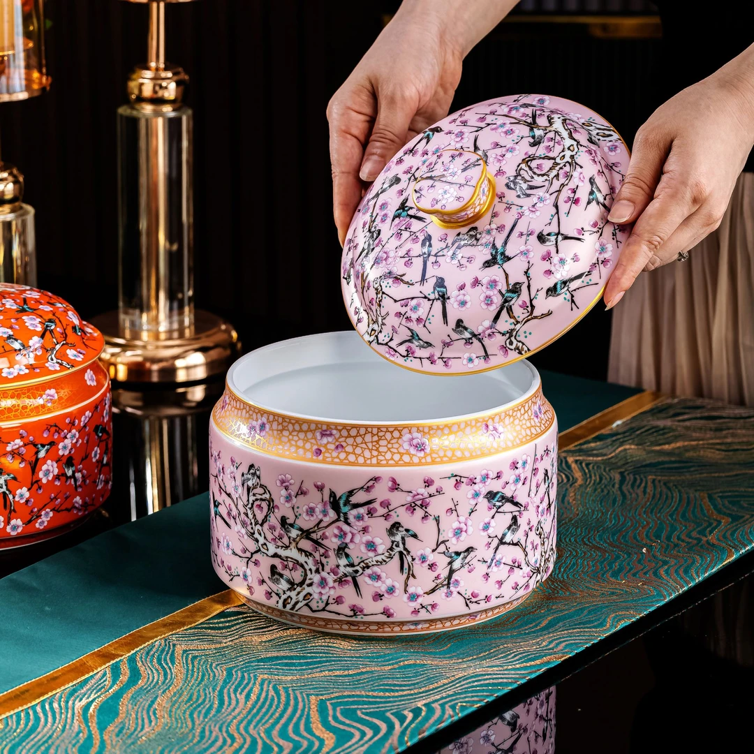 【储物罐】景德镇高档大容量珐琅彩工艺陶瓷中式果盘带盖家用猪油罐