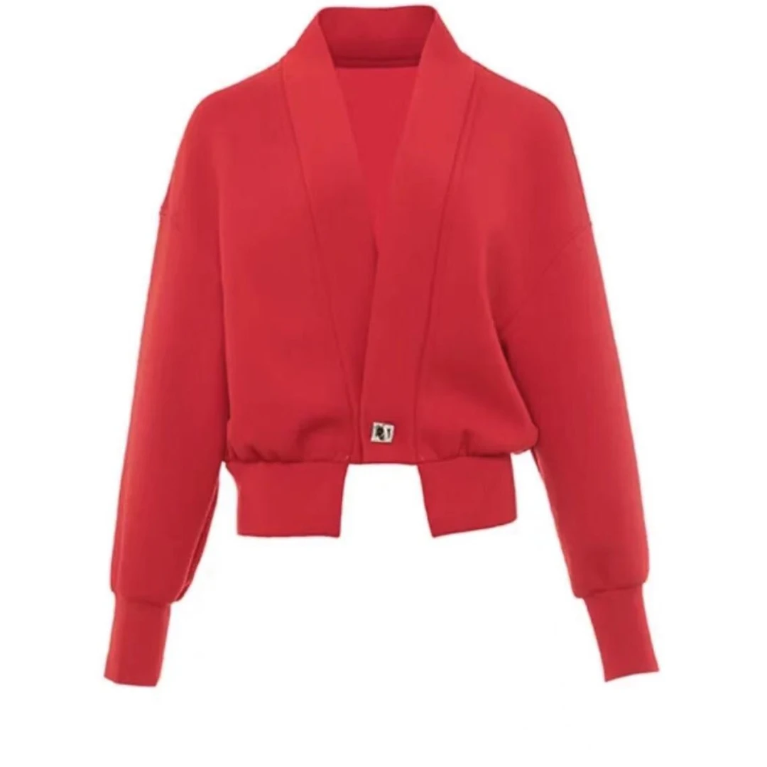 允硕2023年春季新款女式休闲外套开衫运动针织短款时尚红色套装