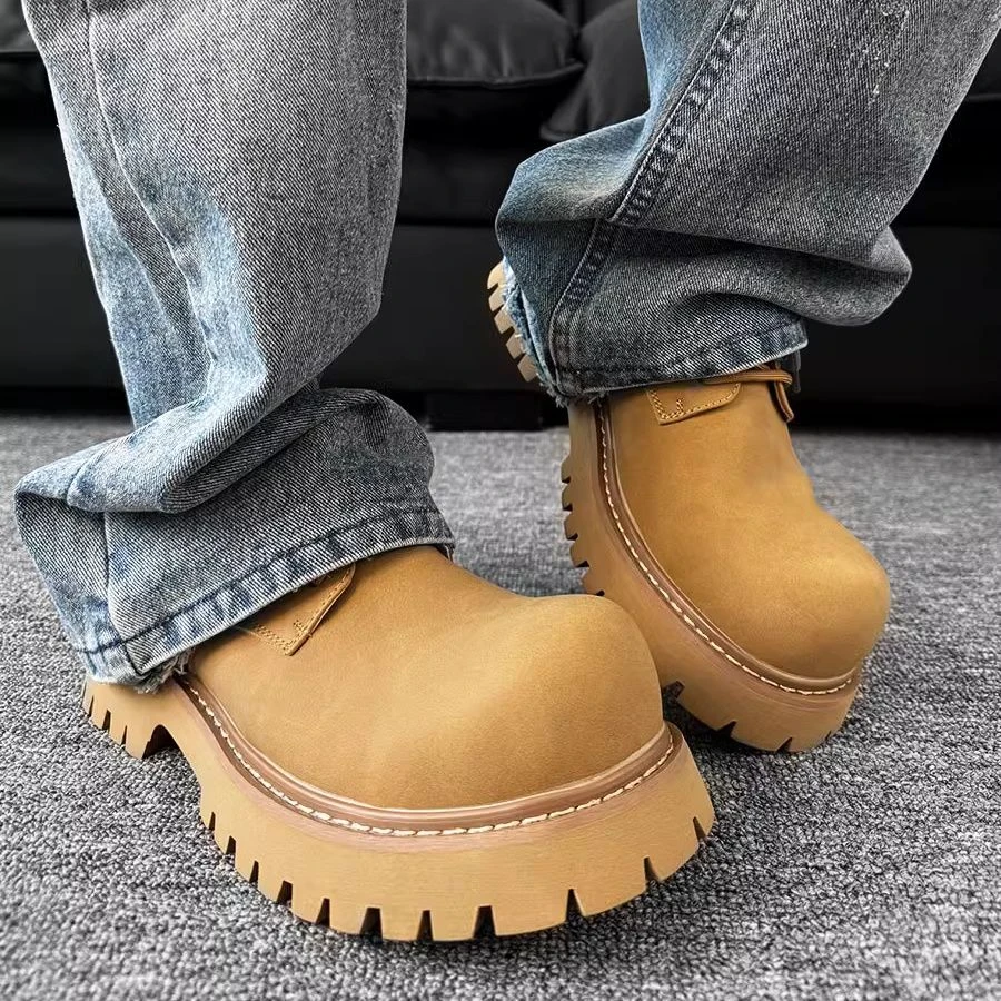 黄色复古cleanfit德比鞋男英伦圆头工装皮鞋厚底增高大头休闲鞋潮