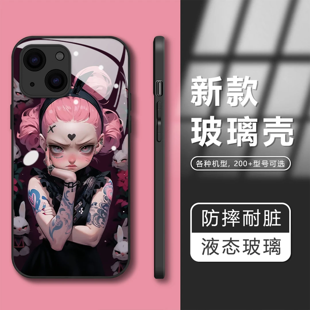 甜酷女孩苹果15玻璃防摔耐脏全包手机壳苹果/华为/vivo/oppo/小米