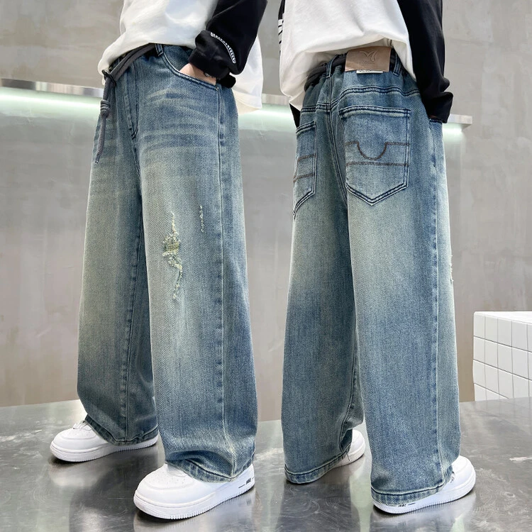 男童春秋款牛仔裤2024新款中大童潮酷男孩直筒阔腿裤儿童裤子长裤