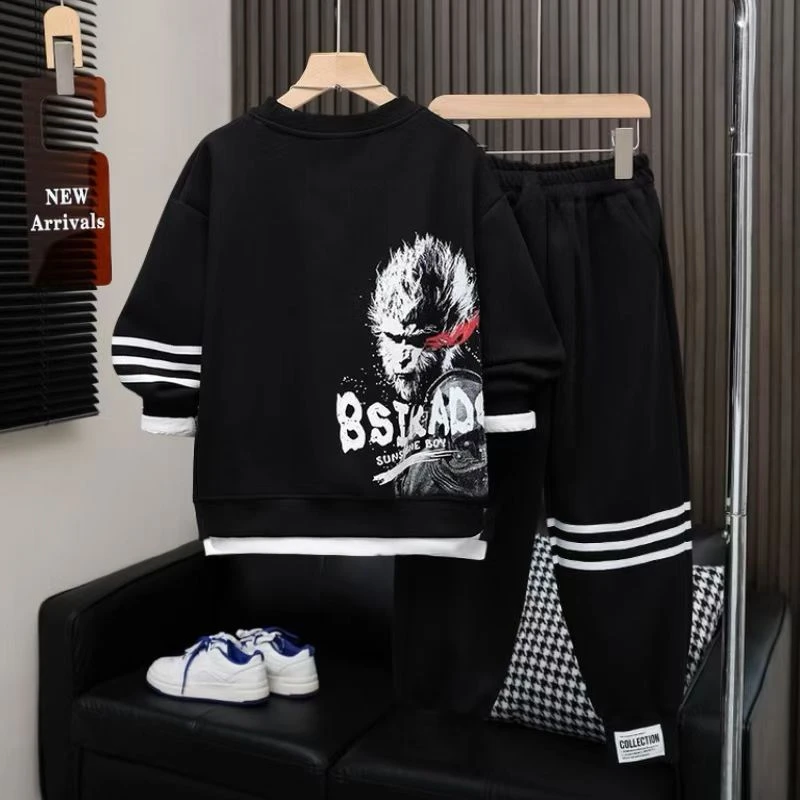 男童套装春装2025新款中大童网红黑神话悟空假两件套春秋运动潮款