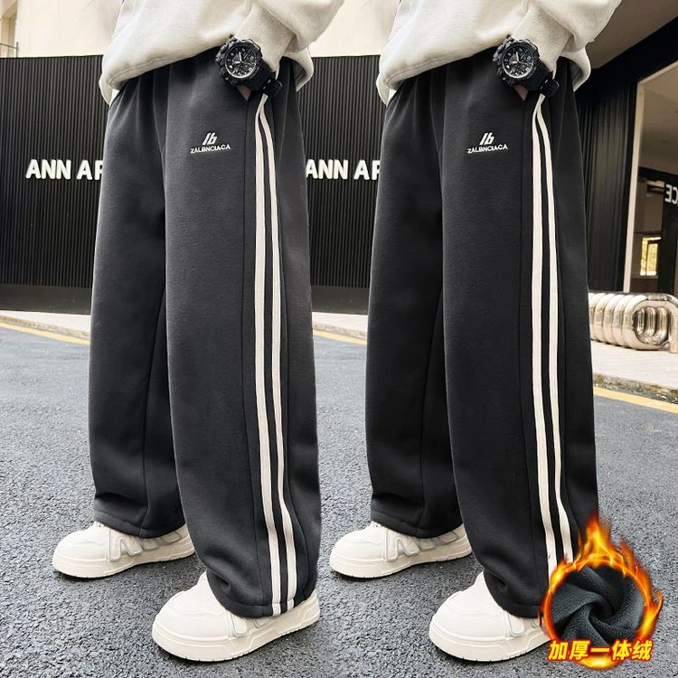 男童加绒加厚裤子直筒裤2024新款中大童冬季儿童保暖长裤休闲运动