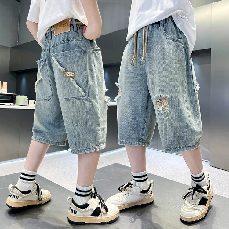 男童牛仔短裤七分裤夏季薄款2024新款中大童儿童夏装破洞宽松中裤