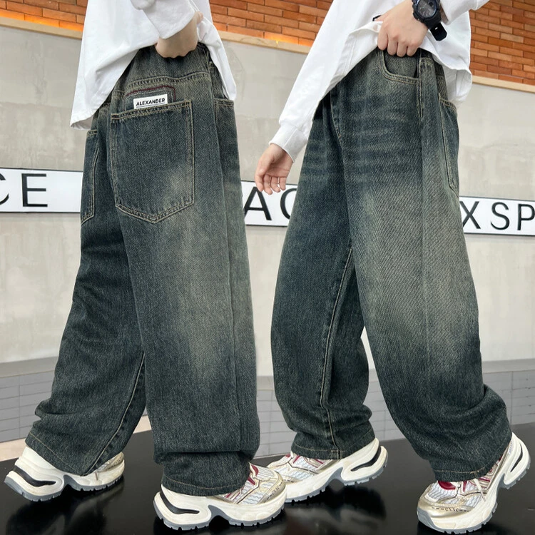 男童牛仔裤6-12岁潮款2024新款大童儿童春秋款直筒阔腿裤洋气长裤