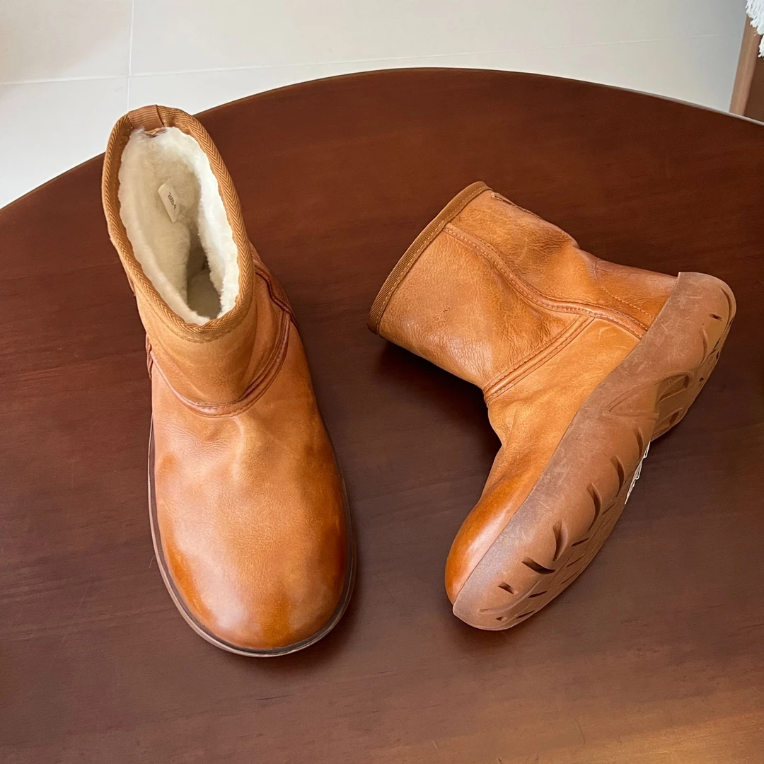 羊毛雪地靴女2024新款冬季女鞋复古真皮短靴防水加绒加厚保暖棉鞋