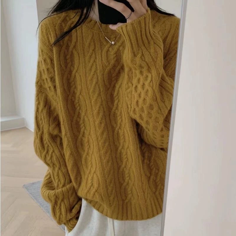 重磅加厚100%纯羊毛衫女圆领毛衣针织打底衫新款秋冬季麻花上衣