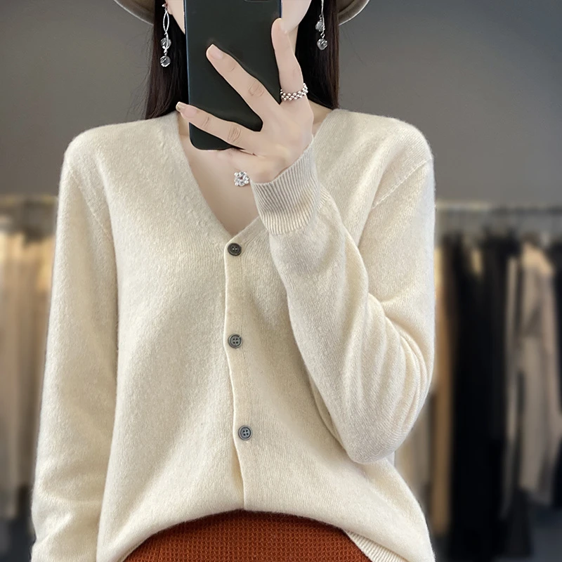 秋冬100%纯羊毛衫羊绒衫女士V领开衫一线成衣宽松上衣毛衣外套