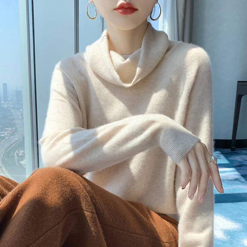 不扎不痒·秋冬100%纯羊毛衫女自由领针织衫毛衣宽松套头纯色