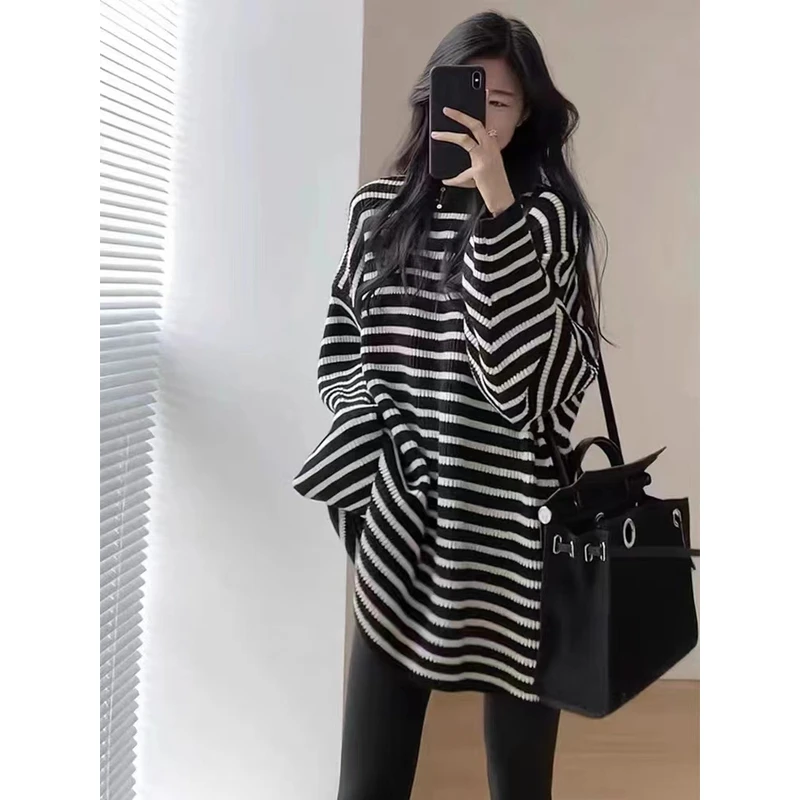 黑白条纹100%纯羊毛衫女毛衣女秋冬新款宽松慵懒风中长款加厚针织