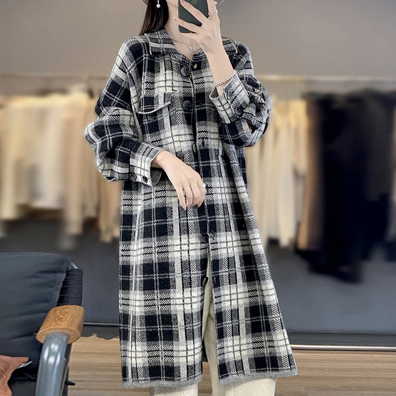 秋冬100%纯羊毛衫女长款格子开衫针织长外套宽松毛衣外搭polo领