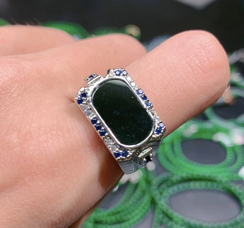 天然A货翡翠墨翠马鞍戒指