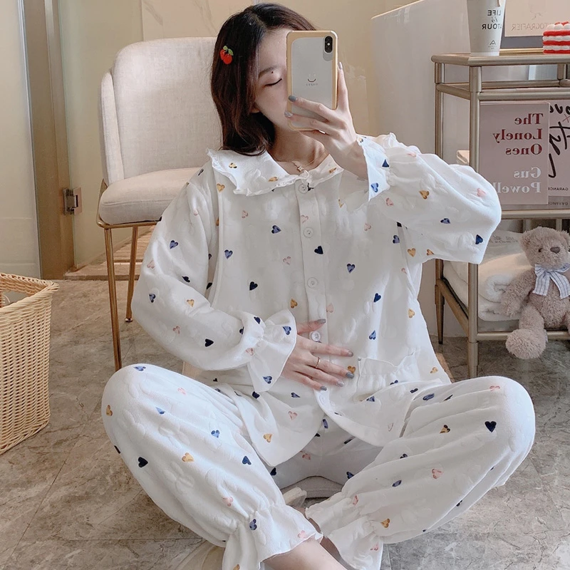 月子服提花棉夹层产妇长袖家居服产后哺乳衣秋冬季女喂奶孕妇睡衣