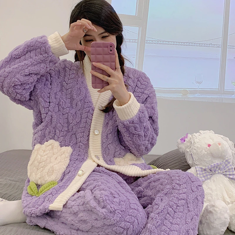新款提花绒冬季孕妇睡衣卡通怀孕期保暖1月12加厚产妇珊瑚绒套装2