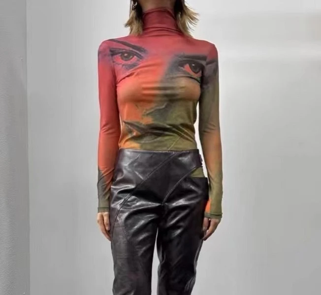 霓虹NIHONG2023AW人头印花网纱皮肤衣打底衫女