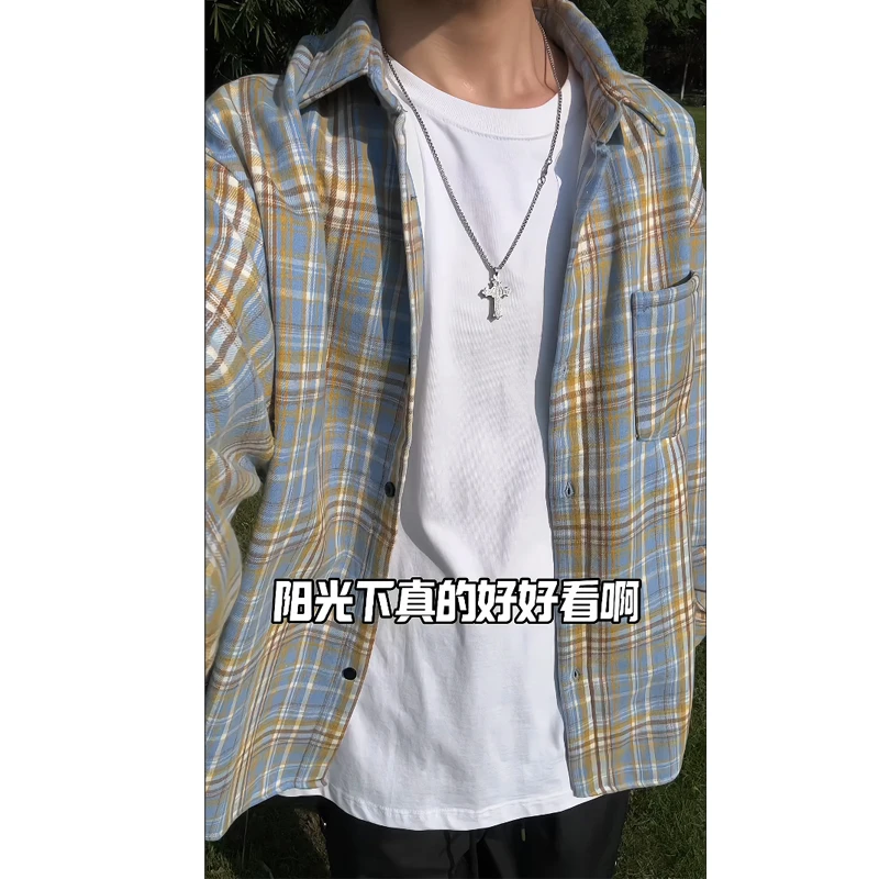 美式复古格子衬衫男情侣百搭休闲长袖格纹衬衣痞帅翻领外套秋冬季