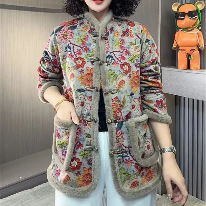 2024新款妈妈加厚花棉袄时尚新中式中老年加绒保暖棉衣外套上衣