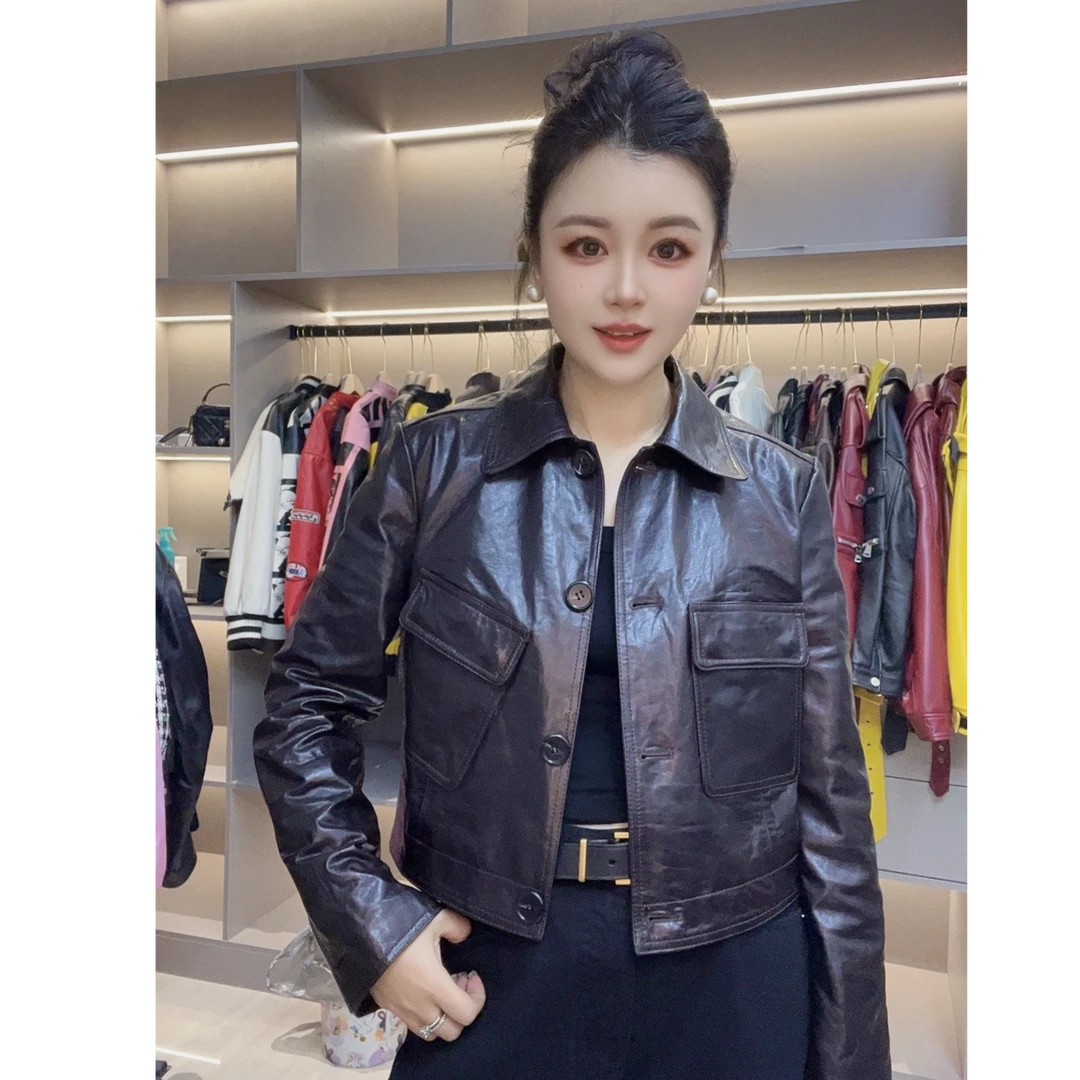 2024早秋新款短款女皮衣时尚休闲百搭女士翻领秋季真皮春秋黑色