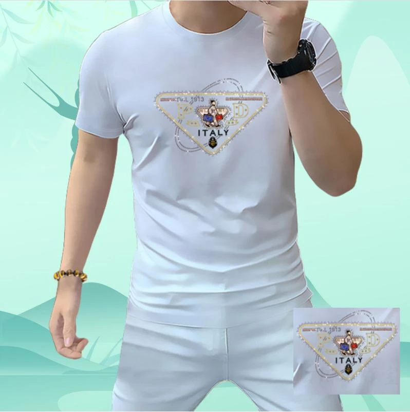 男装短袖圆领T恤烫钻个性潮流夏季上衣舒适修身白色百搭宽松帅气