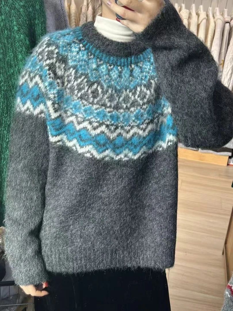 路一韩国小众品牌款  费尔岛复古撞色提花毛衣