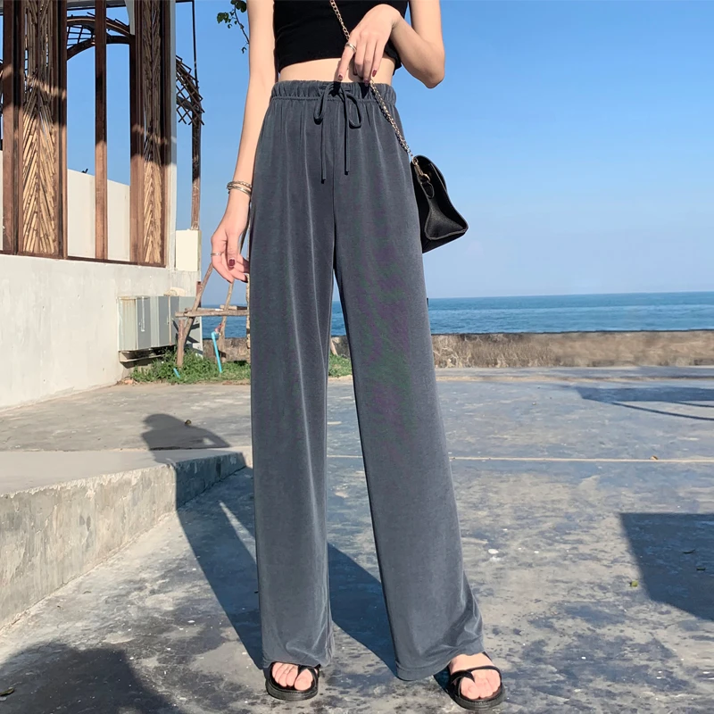 冰丝阔腿裤女夏季薄款垂感高腰休闲直筒裤小个子裤子仿铜氨丝春秋