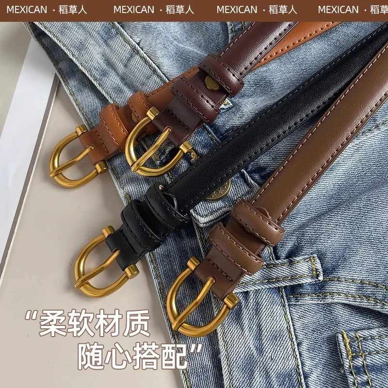 稻草人皮带女士装饰百搭ins针扣真皮腰带韩版时尚高级感牛仔裤带