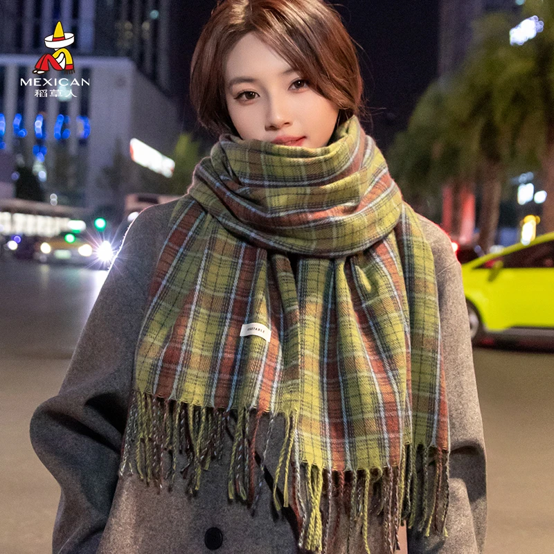 稻草人围巾女冬季保暖加厚格子学生情侣女生围脖2022新款韩版百搭