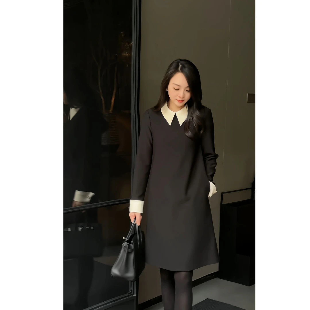 MISS SA春秋新款拼色气质时尚中长款长袖连衣裙L24011101新