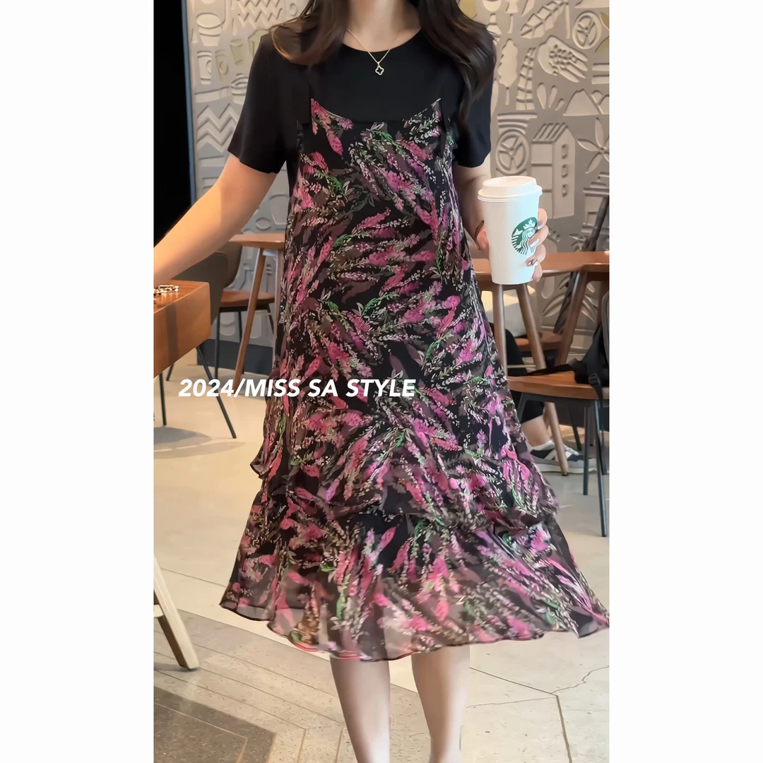 MISS SA夏季新款小碎花假两件吊带短袖显瘦气质a字连衣裙24069036