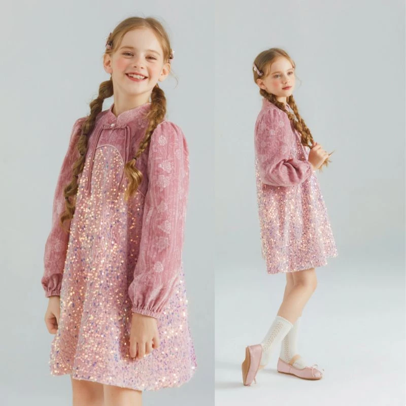 儿童春秋丝绒亮片拼接网纱裙2025新款洋气新款公主裙中大童连衣裙