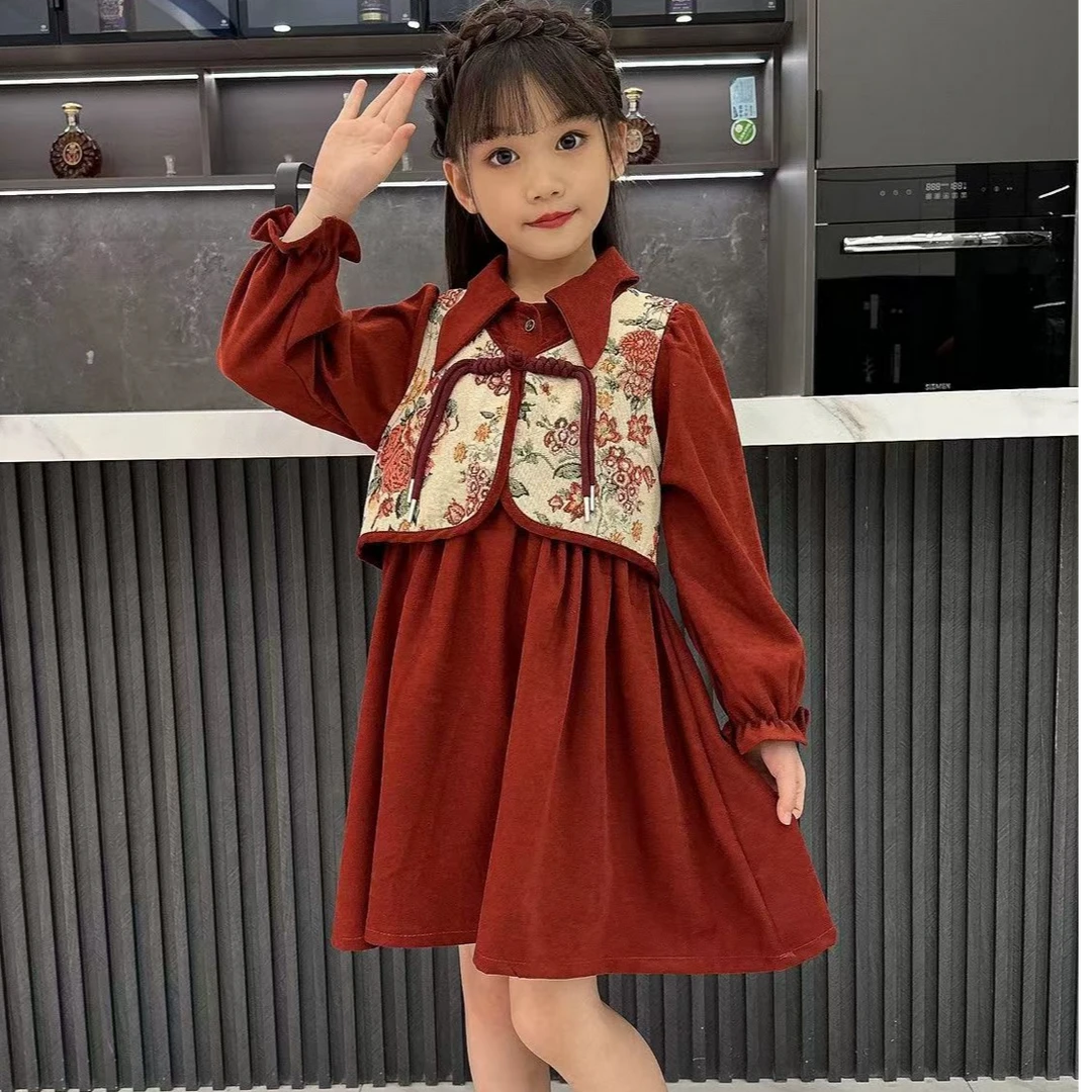 女童中国风连衣裙2025新款春秋款学院风秋冬假两件套装洋气亲子装