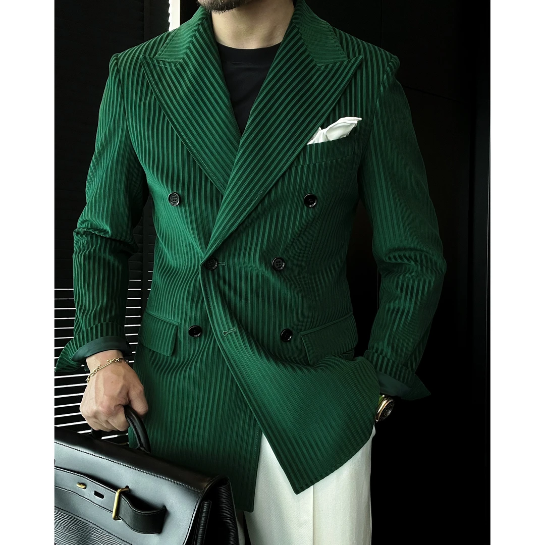 DRUNKCORNER 双排扣枪驳领竖纹条绒亚马逊绿西服单西