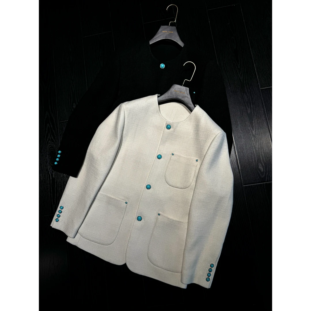 DRUNKCORNER 圆领小香风绿松石外套长袖春秋百搭时尚