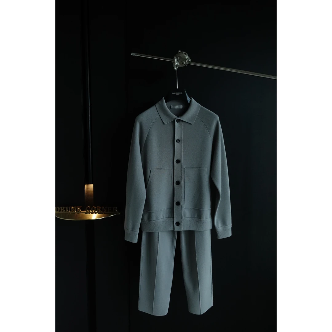 DRUNKCORNER 高克重翻领插肩袖微阔长袖针织衫套装休闲百搭秋季