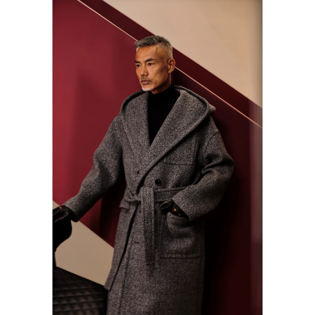 DRUNKCORNER【十周年限定】连帽阔版大衣雪花灰男士宽松呢子男外套