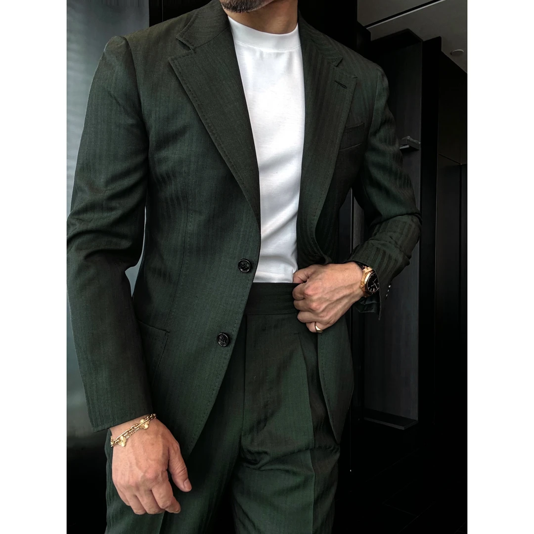 DRUNKCORNER｜黑标｜单排两粒扣暗条纹墨绿色手工半麻衬西服套装