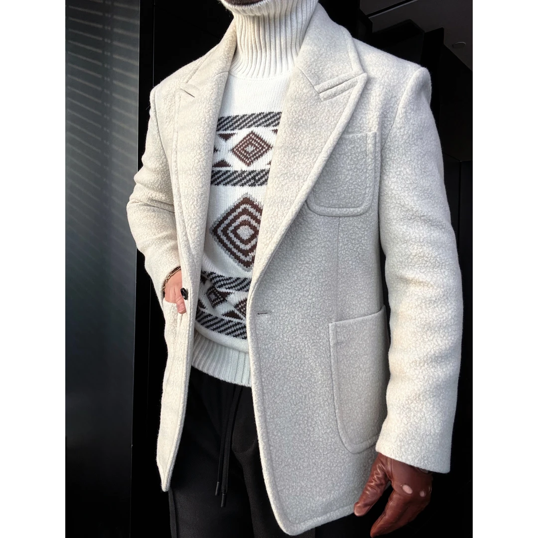 DRUNKCORNER 单排枪驳领米灰色羊驼毛阔版西服款短大衣