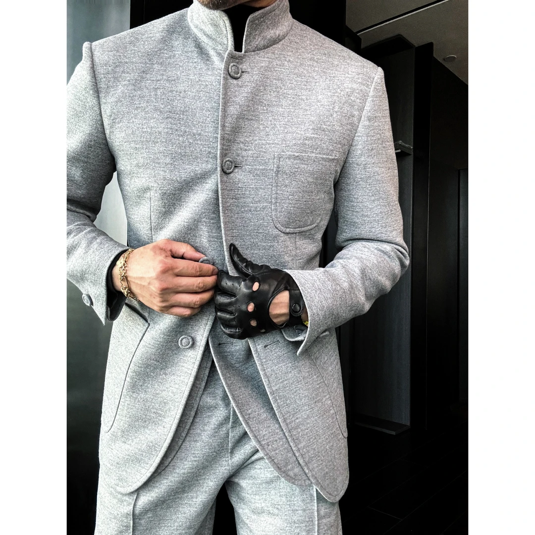 DRUNKCORNER 立领三贴袋花灰夹克外套套装男士秋季休闲时尚